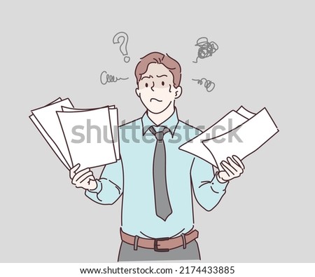 Perplexed man looking stunned and dazed at paper documents. Confused business person. Hand drawn in thin line style, vector illustrations.