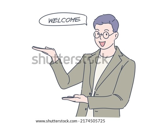 You are welcome! Happy businessman gesturing welcome sign. Hand drawn in thin line style, vector illustrations.