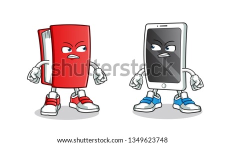 smartphone vs book mascot vector cartoon illustration