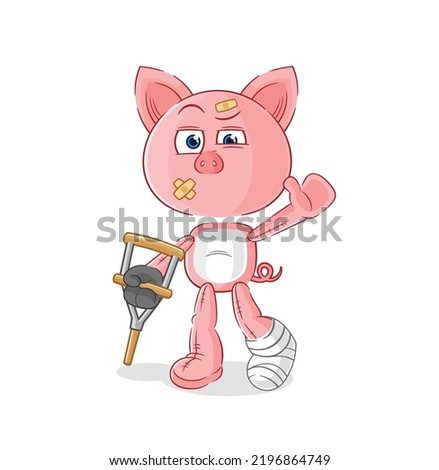 the pig sick with limping stick. cartoon mascot vector