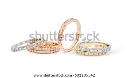diamond stacked rings group on white background,white gold,yellow gold,rose gold 商業照片 © 