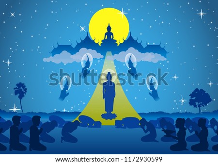 lord of buddha walk down from heaven that for visit and teach his mom in dharma,The begin of tak bat thewo and The End of Buddhist Lent Day.surround by angel monk and buddhist,vector illustration