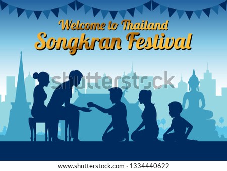 father mother and child pour water to grandparents to pay respect and bless in Song kran day famous festival of Thailand Loas Myanmar and Cambodia,new year,silhouette design,vector illustration