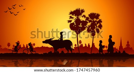 Country life of Asia children play banana horse ride buffalo while monk receivex food.  Sunrise time silhouette style