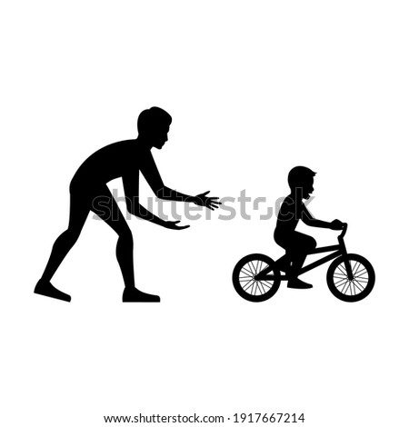 black silhouette design with isolated white background of father teach son cycling,vector illstration