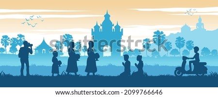 Asean scenery country background of Loas with famous gate and temple while monks ask for food and tourist takes photos,vector illustration