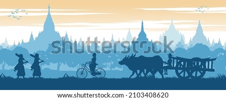 Asean scenery country background of Myanmar with Pagoda sea while monk on pilgrimage woman ride bicycle and man on cow cart,vector illustration