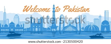 Pakistan famous landmark with blue and white color design,vector illustration