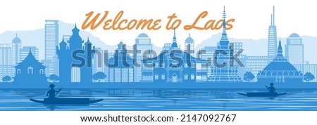 Laos famous landmark silhouette style behind river and boat and in front of towers,vector illustration