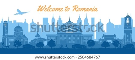 Romania famous landmarks in the city and park by silhouette style,vector illustration