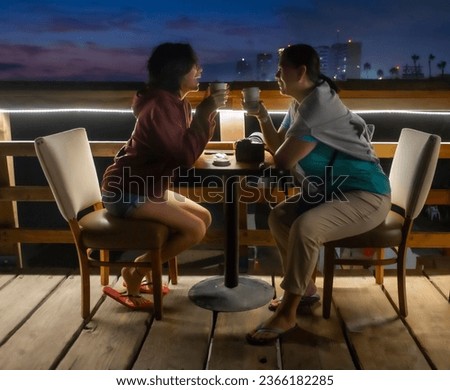 Similar – Image, Stock Photo Blue hour, happy laughter: Woman with short hair looks into the camera with amusement