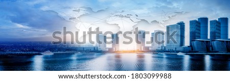 global business background, With tall business towers. Business buildings on the skyline on the sea. city ​​scape and network connection concept.  business globalization Connection technologies. 