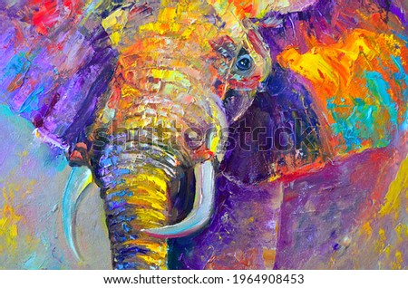 Original oil painting on canvas. Abstract, multicolored elephant. Convex strokes.