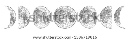 Phases of the moon, monochrome hand drawn vector illustration, isolated on white background