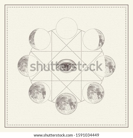 Phases of the moon with all-seeing eye and sacred geometry. Monochrome hand drawn vector illustration