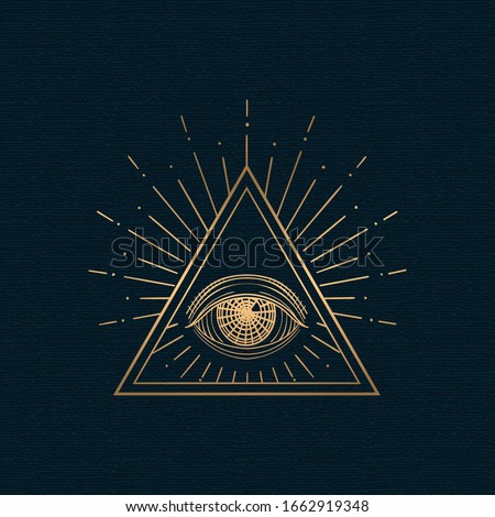 All seeing eye vector, illuminati symbol in triangle with light ray, tattoo design isolated on white background