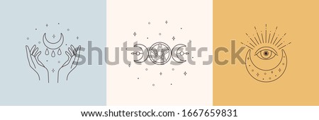 Mystic boho logo, design elements with moon, hands, star, eye. Vector magic symbols isolated on white background