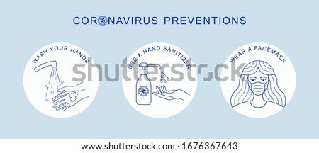 Coronavirus COVID-19 preventions tips, hand sanitizer, wear face mask, washing hands. Corona virus vector isolated on white background