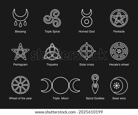 Wiccan and pagan symbols pentagram, triple moon, horned god, triskelion, solar cross, spiral, wheel of the year. Vector stock clipart