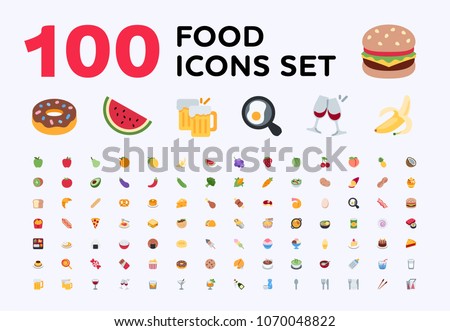 Food and beverages, fruits symbols, emojis, emoticons, stickers, icons Vegetables, fast foods, cakes, restaurant, cafe vector illustration flat icons set, collection, pack