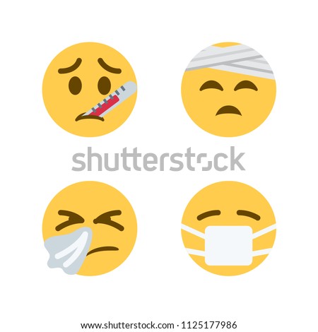 Face with Thermometer, Face with Head-Bandage, Sneezing Face, Face with Medical Mask. Vector illustration smiley emojis, emoticons, icons, symbols, faces set, group.