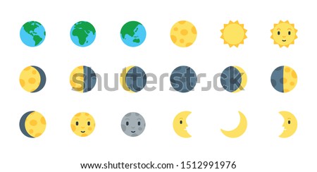 Earth, Sun and Moon Icons Vector Emoji Set. All Type of Moon Light. Planet Symbols. Moon Surface. Crescent Moon.