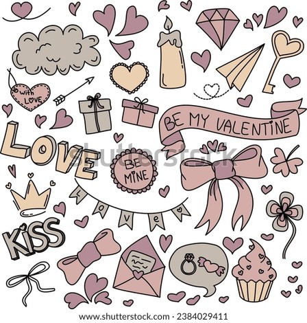 Cute valentines day doodle vector set. Hand drawn fashion elements for kids. Love and animal , Labels, gift box , heart, arrow, wings, flowers set, cute cat, women, start, plant vector illustration.