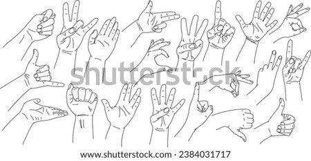 Hand collection line. Vector Illustration of hands of different gestures - victory, okay. Lineart in a trendy minimalist style. Logo design, hand cream, nail Studio, posters, cards.