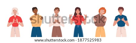 Set of people expressing positive emotions, smiling , making hand gestures and hugging themselves. Concept of self love and self-acceptance. Flat cartoon illustration 商業照片 © 