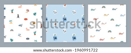 Set of seamless design with trendy summer icons. Repeat pattern with various drawings related to summer time and vacation. Vector cartoon illustration.
