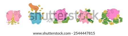 Piggy bank illustration. Savings and reserve fund concept. Money box, golden coins and cash banknots. Vector cartoon illustration