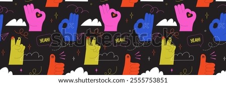 Seamless pattern featuring playful hand gestures, speech bubbles, and vibrant elements. Modern design with thumb-up, okay sign, fun doodles. Cartoon vector graphics