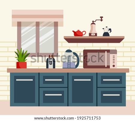 kitchen interior with window. Working surface for cooking with microwave, electric kettle, toaster.