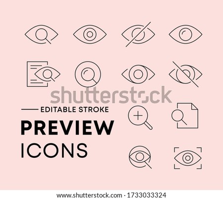 Thin line icon set of preview and show. Outline symbol collection. Editable vector stroke.
