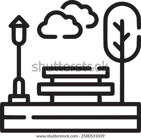 An icon depicting a park with a bench, tree, and lamp post, perfect for representing outdoor spaces, recreation, and urban planning. EPS