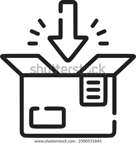 An icon of a box with a download arrow, symbolizing shipping, package delivery, logistics, and e-commerce in a minimalist style. EPS