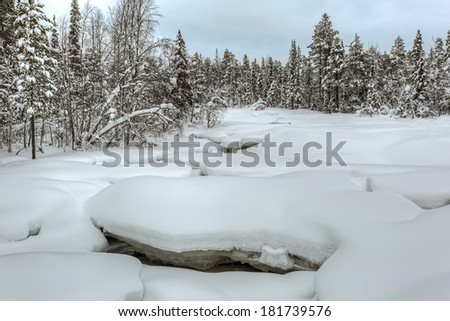 Snow and ice covered landscape with trees in the background