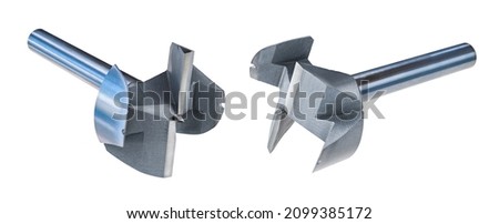 Professional metal Forstner drill bits isolated on white background. Sharp drilling tools of high speed steel with center brad point and two radial cutting edges to boring flat-bottomed holes in wood. Imagine de stoc © 