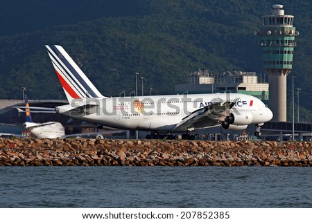 HONG KONG - JULY 5:Air France Airbus A380-800 reg. F-HPJE landing at Hong Kong Int\'l Airport on July 5, 2014. Air France has ten Airbus A380s.