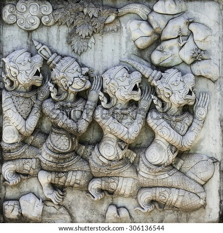 Stucco art in the temples of Thailand from the Ramayana\'s story. The ancient literature This architecture is a public art for everyone. Unlicensed