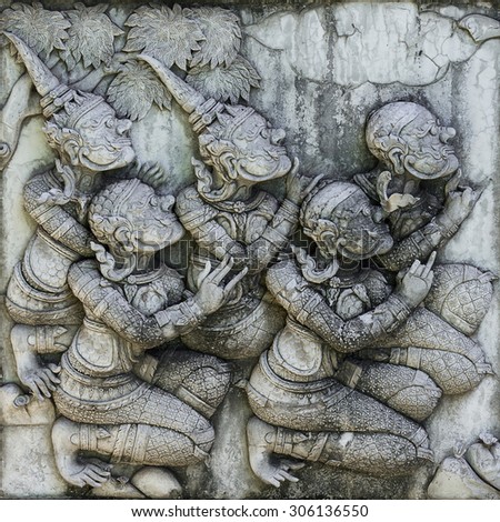 Stucco art in the temples of Thailand from the Ramayana\'s story. The ancient literature This architecture is a public art for everyone. Unlicensed