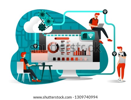 vector illustration of file storage technology, sharing, remote worker, network industry 4.0. people sharing work file. cloud improvement to transfer is effective and faster. flat cartoon character