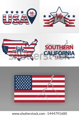 logo for earthquake south california 7.1 on the richter scale. United States flag logo with cracks. 4 logos illustrating disasters with stars, line logos and seismic graphics. disasters in america