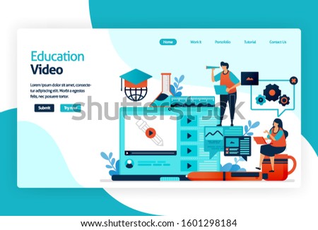 Illustration of landing page for education video. transferring knowledge knowledge, skill, value, habit in digital technology platform. instruction to complete task to interactive problem solving