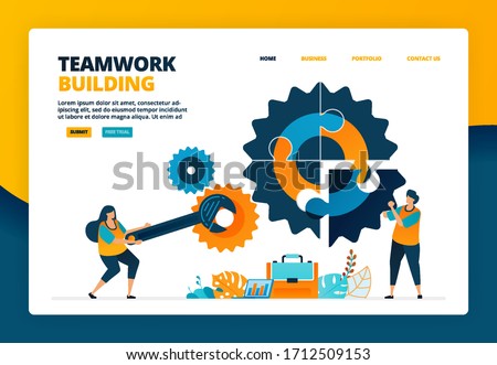 Cartoon illustration of solve puzzles in the industry. Building a team to advance the company. Human resource development fixing. Vector design for landing page website web banner mobile apps poster