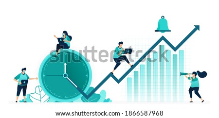 vector illustration of hours and schedules to improve company performance. company profits increasing on chart. women and men workers. designed for website, web, landing page, apps ui ux, poster flyer Foto stock © 