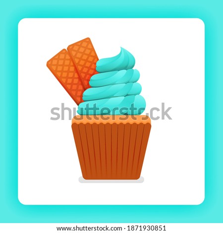 Illustration of tasty cupcake with mint or bubble gum candy flavor ice cream twist. Extra double waffle topping. Design can be for books, flyer, poster, website, web, apps, landing page, cookbook