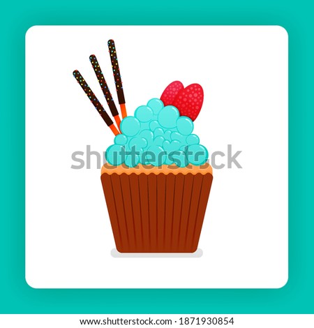 Illustration of tasty cupcake with mint flavored whip cream with added double strawberries and three chocolate sticks. Design can be for book, flyer, poster, website, web, apps, landing page, cookbook