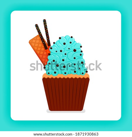 Illustration of tasty cupcake with mint wimp cream with extra topping of choco chip, wafer and chocolate stick. Design can be for books, flyer, poster, website, web, apps, landing page, cookbook