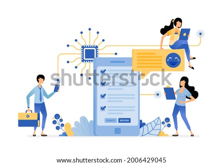 people filling out surveys with mobile apps interconnected with chip. vector illustration concept can be use for landing page, template, ui ux, web, mobile app, poster, banner, website, flyer, ads